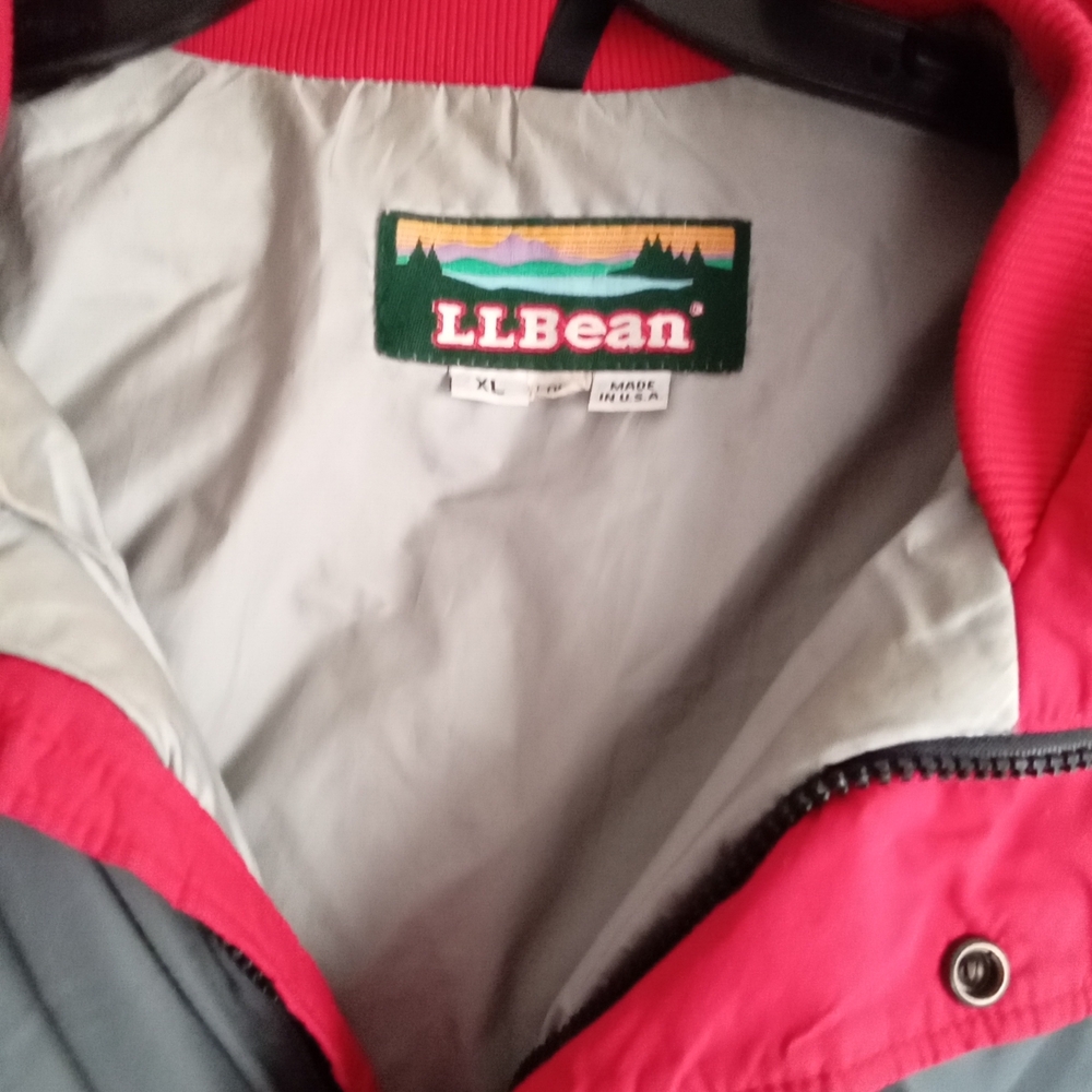LL Bean Winter Jacket Grey Red Hooded Full Zip Made in USA Size XL
